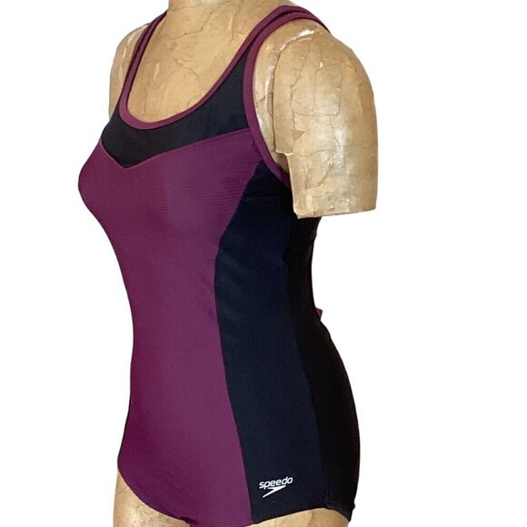Speedo 1-Piece Swimsuit Keyhole Racerback Moderate Cut S/M Black & Purple 276F - Picture 7 of 13